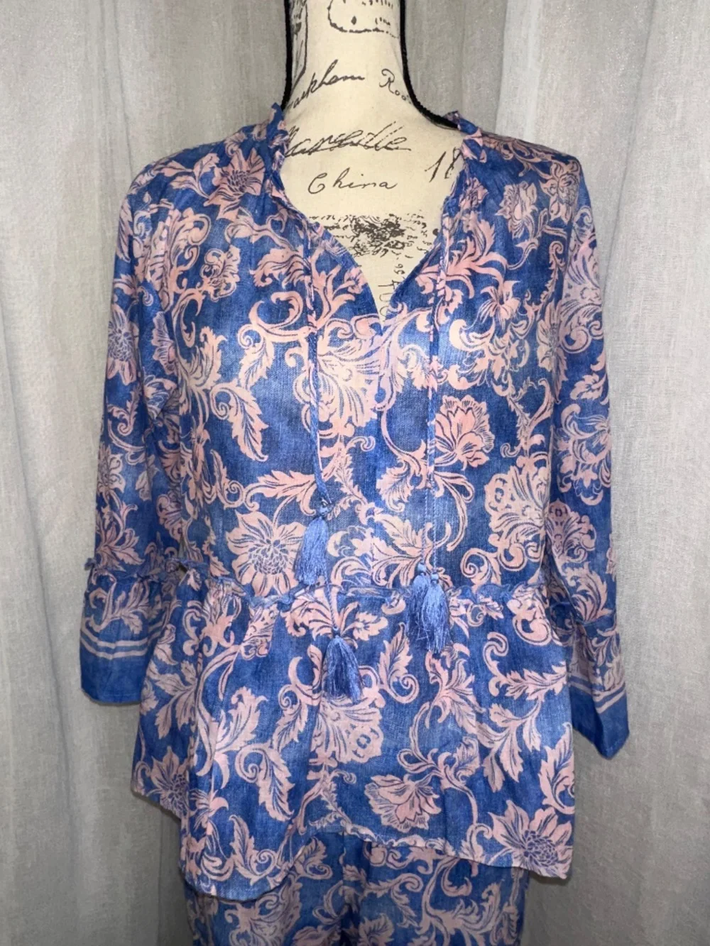 Johnny Was Workshop Florentina 2 Piece Set Blue Pink Floral Cotton Boho S/M